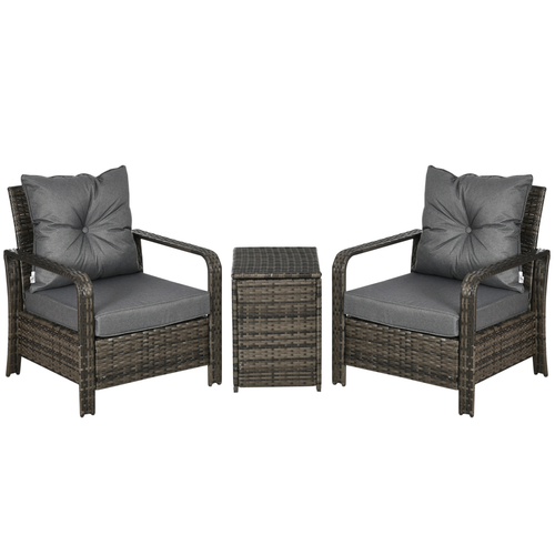 3 Piece PE Rattan Garden Sofa Set w/ 2 Chairs & Storage Table Grey Outsunny