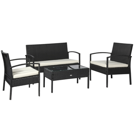 4-Seater Rattan Garden Furniture Set Black Cream Outdoor Patio Bistro