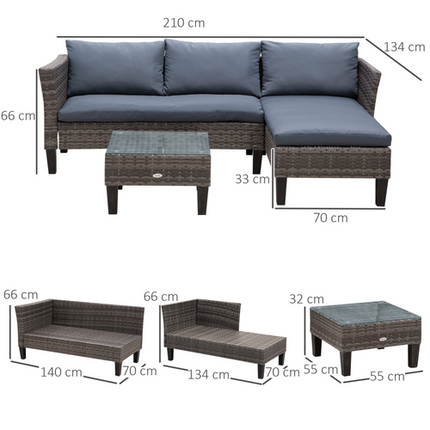 3-Seater Outdoor Garden PE Rattan Furniture Set Grey
