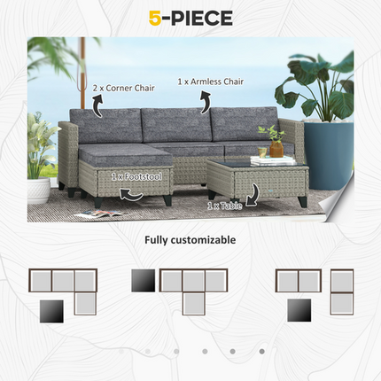 Outsunny 5 PCs Rattan Garden Furniture Set with Glass Coffee Table Dark Grey
