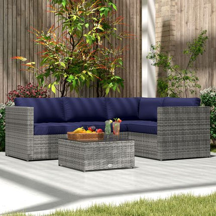 Outsunny 3Pcs Rattan Corner Sofa Set with Coffee Table, Cushion, Blue
