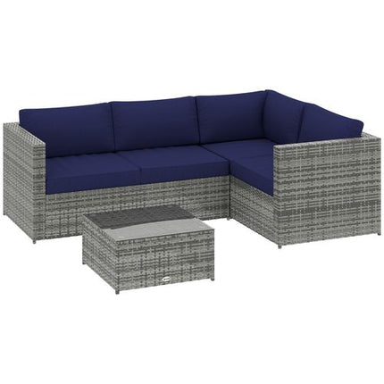 Outsunny 3Pcs Rattan Corner Sofa Set with Coffee Table, Cushion, Blue