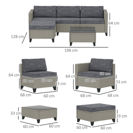 Outsunny 5 PCs Rattan Garden Furniture Set with Glass Coffee Table Dark Grey