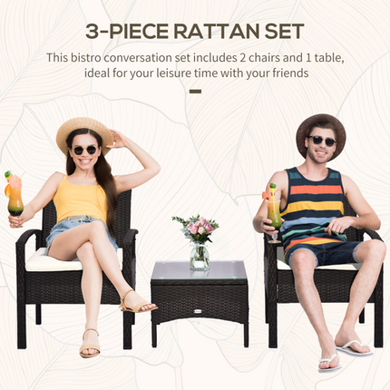 3PC Garden Rattan Bistro Set Balcony Dining Table 2 Seater Chair Outsunny