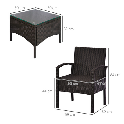 3PC Garden Rattan Bistro Set Balcony Dining Table 2 Seater Chair Outsunny