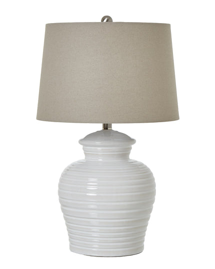 White Ceramic Pot Lamp With Linen Shade