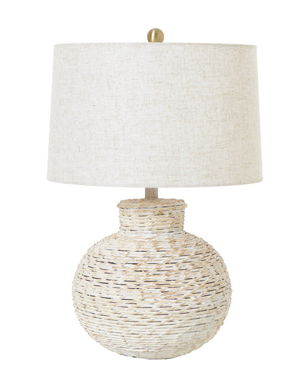 White Wash Bulbous Wicker Table Lamp With Linen Shade