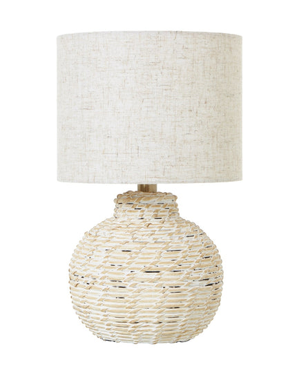 White Wash Small Bulbous Wicker Table Lamp With Linen Shade