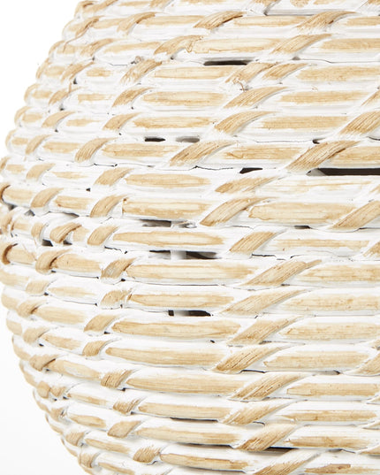 White Wash Small Bulbous Wicker Table Lamp With Linen Shade